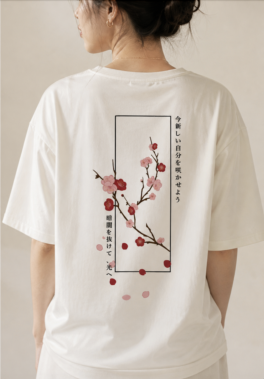 日系梅花刺繡落肩寬版短袖上衣